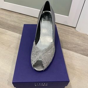 Stuart Weitzman peep toe silver heels, size 8.5